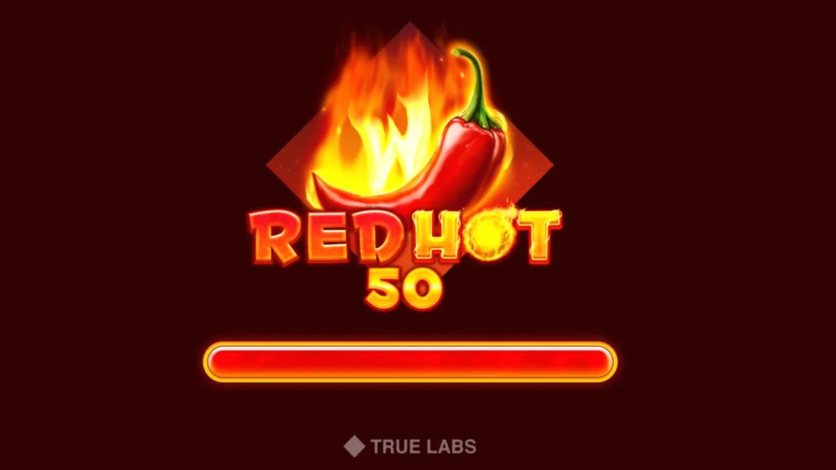 Red Hot 50 slot machine interface with fire and fruit symbols