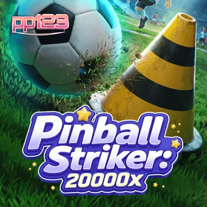 Tampilan layar permainan slot Pinball Striker 20,000x dengan tema stadion neon dan elemen sepak bola.